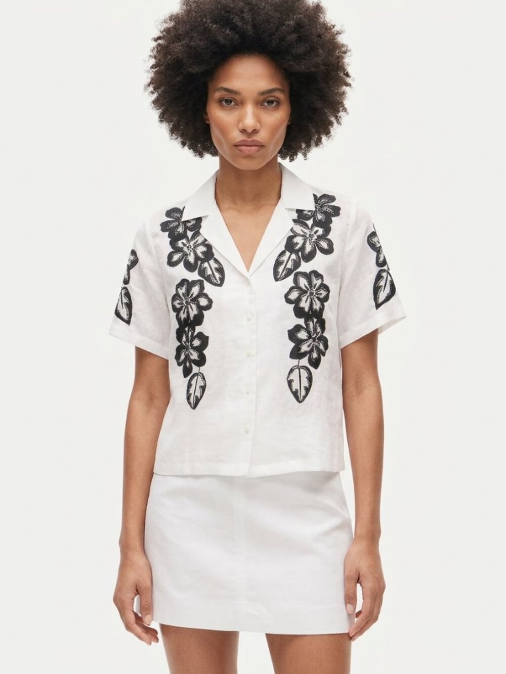 J.Crew White Ramie Camp Shirt with Black Floral Embroidery NWT